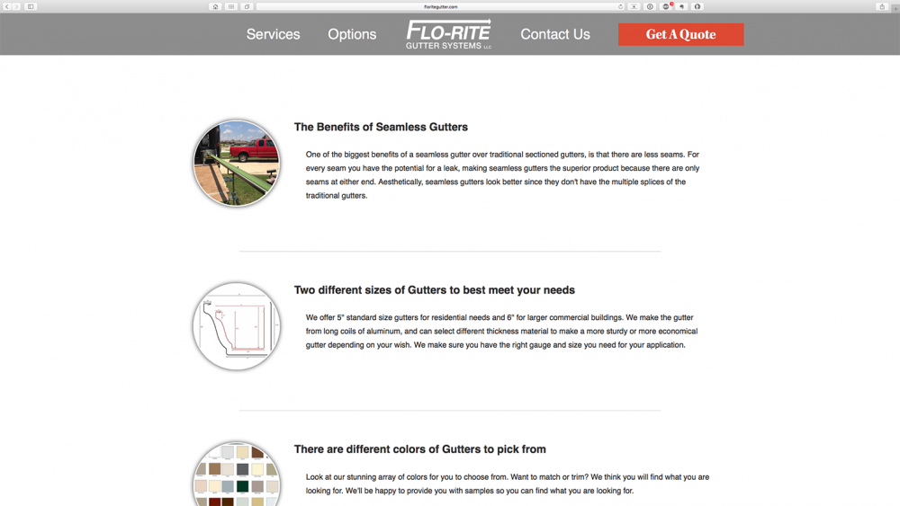 Flo-Rite Gutter options page - Desktop
