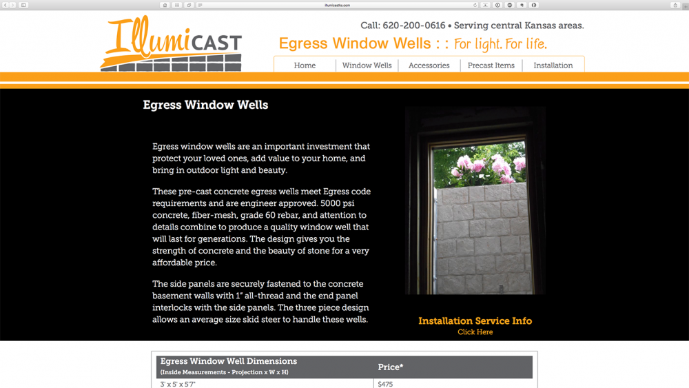 Illumicast window well page on Desktop