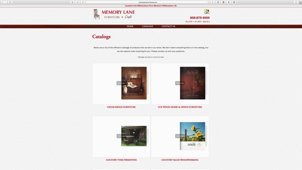 Memory Lane Furniture catalog page on desktop