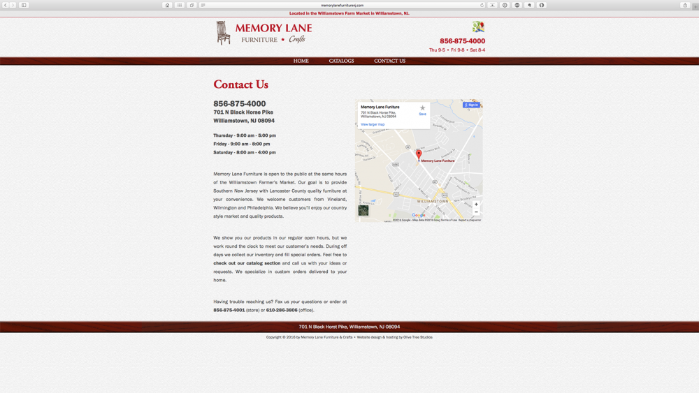Memory Lane Furniture contact us page on desktop