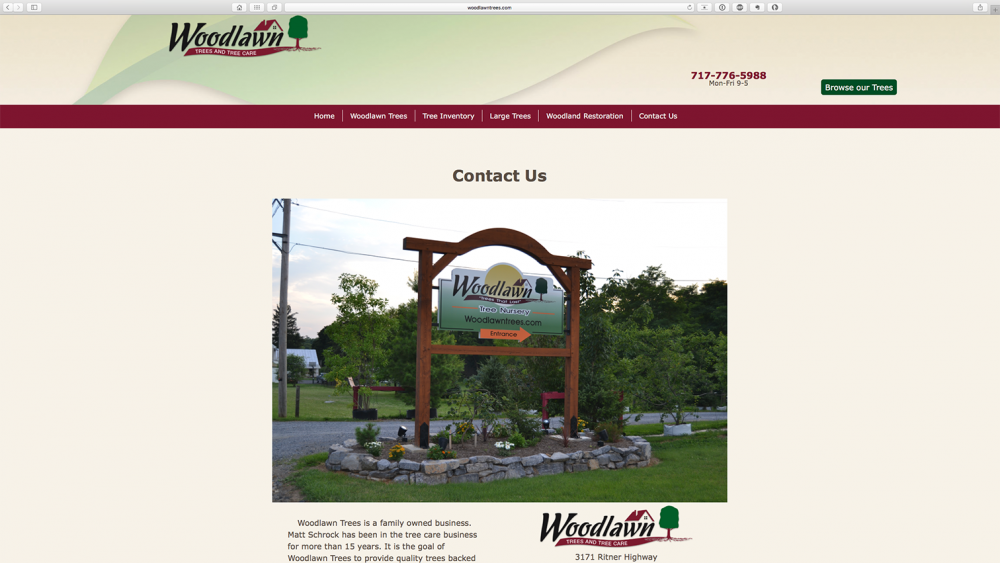 Woodlawn Trees website contact us page on desktop